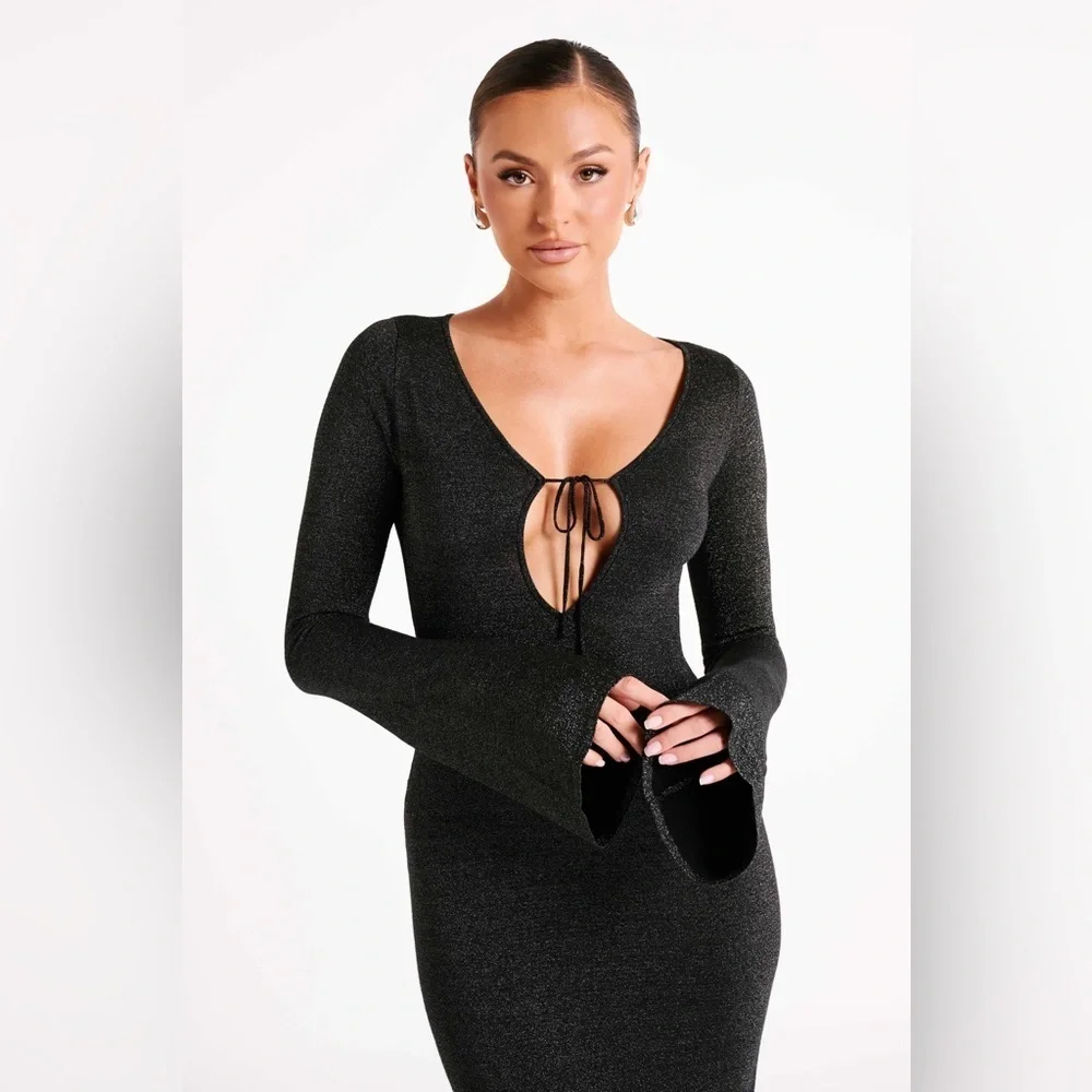Meshki black metallic Kamila long-sleeve keyhole maxi dress - size XL - Picture 3 of 8